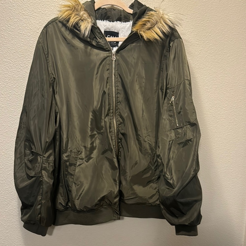 Olive Green Hooded Jacket with Faux Fur Trim